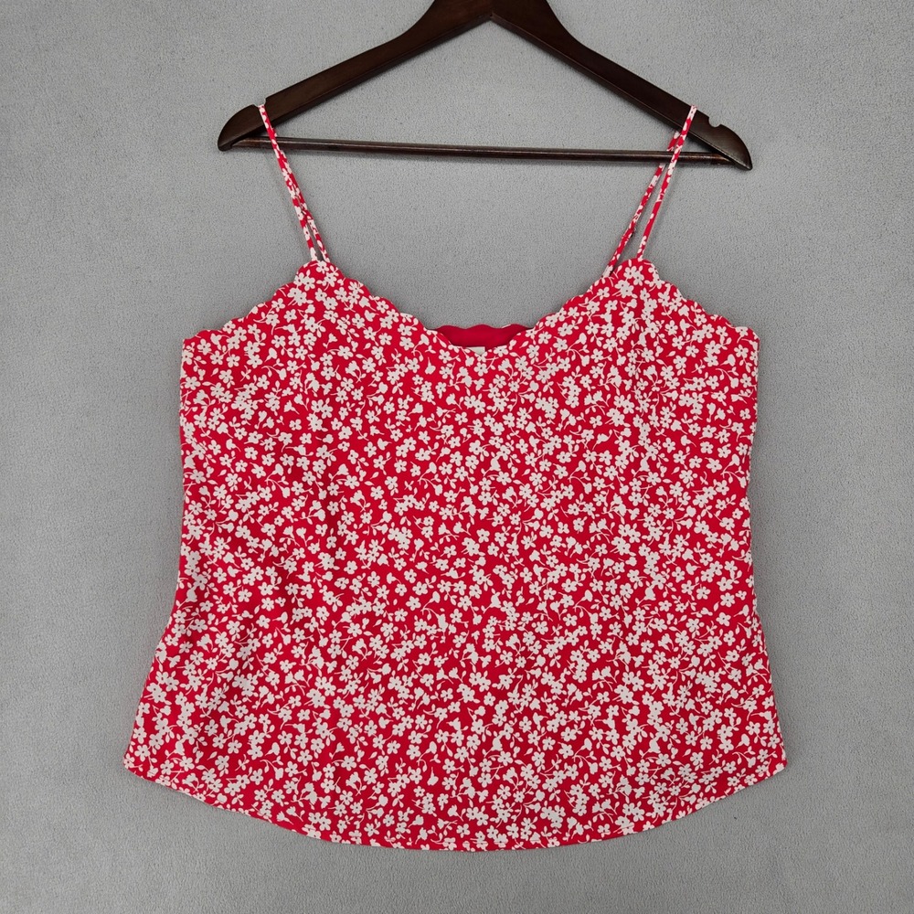 J.Crew Womens 10 Cami Red‎ White Floral Scalloped Spaghetti Strap Tank Top